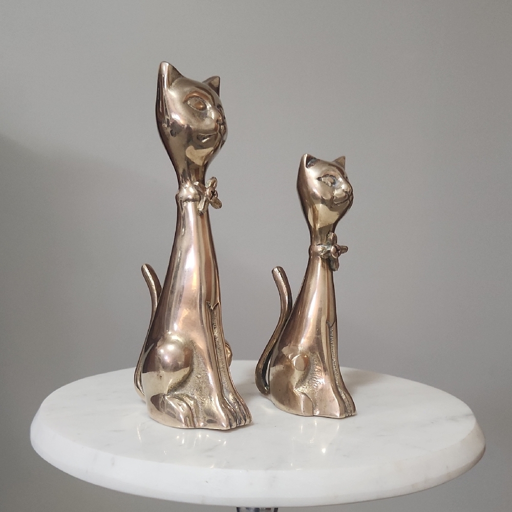 Vintage MCM Golden Brass Cat Figurines Set Of Two